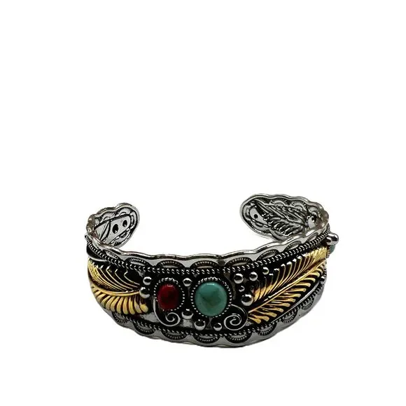 NEW Silver Gold Accents Faux Turquoise Stone Red Stone Boho Bracelet - Picture 8 of 11